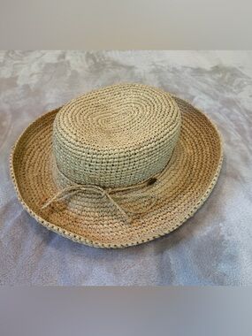 Scala Woven Raffia Hat in Natural Tan with tie.